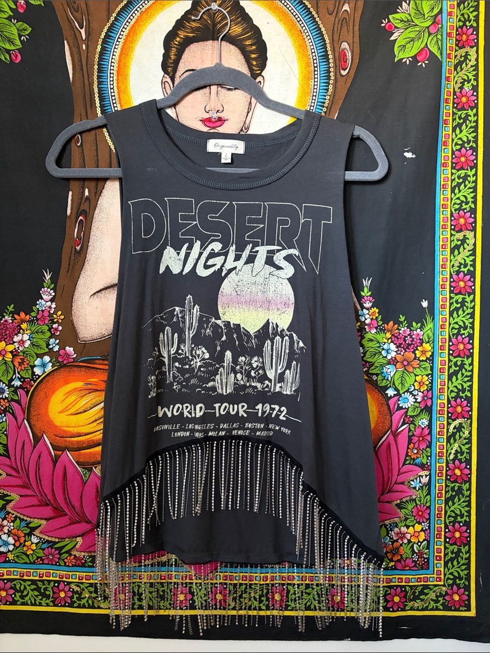 Desert Nights Graphic Fringe Tank Top - Black